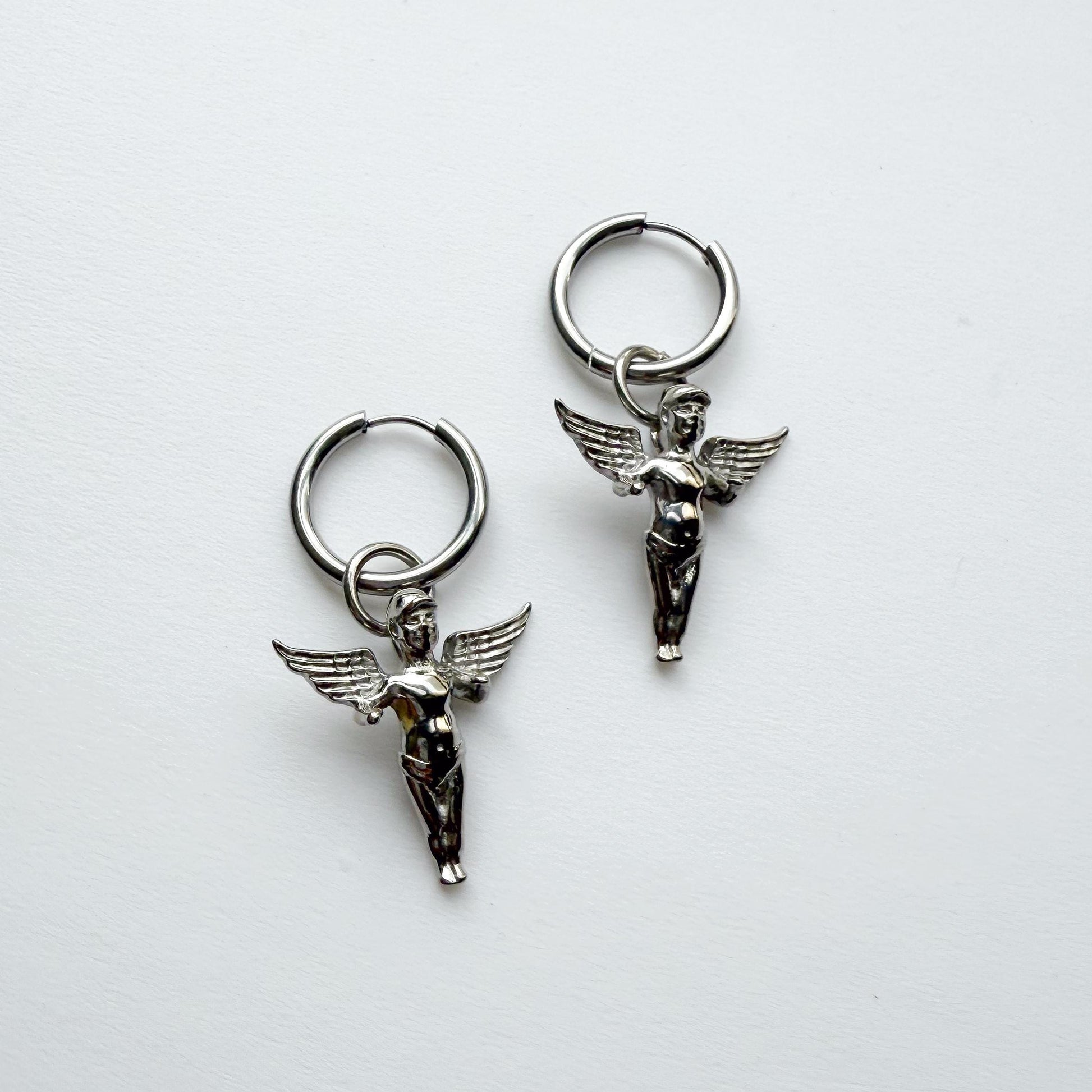 Stainless Steel Silver Hoop Dangle Earrings – Seraphim Angle Goth Statement Style