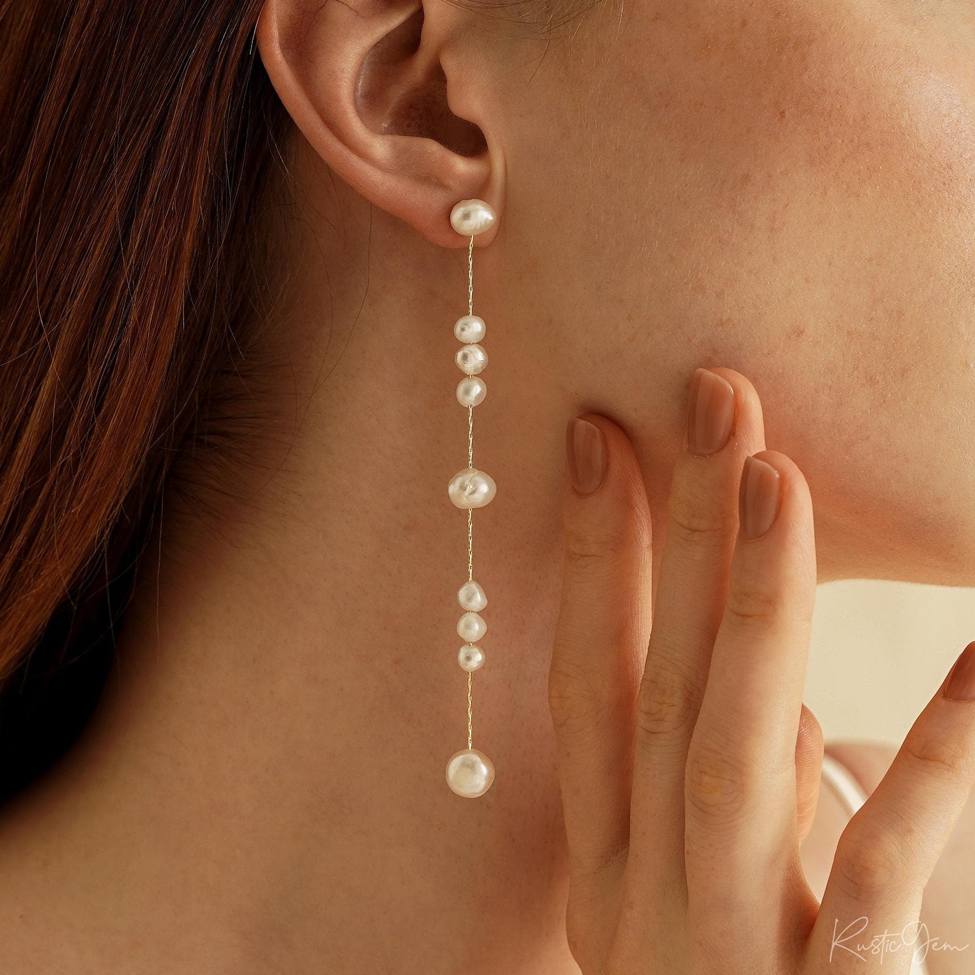 Handmade Long Pearl Drop Earrings - Natural Freshwater Pearls, Elegant Bridal Gift
