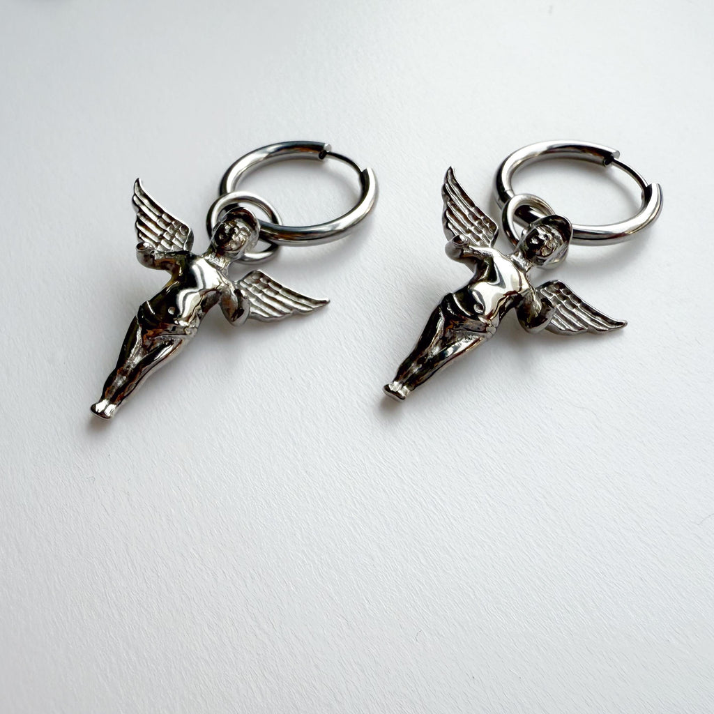 Stainless Steel Silver Hoop Dangle Earrings – Seraphim Angle Goth Statement Style