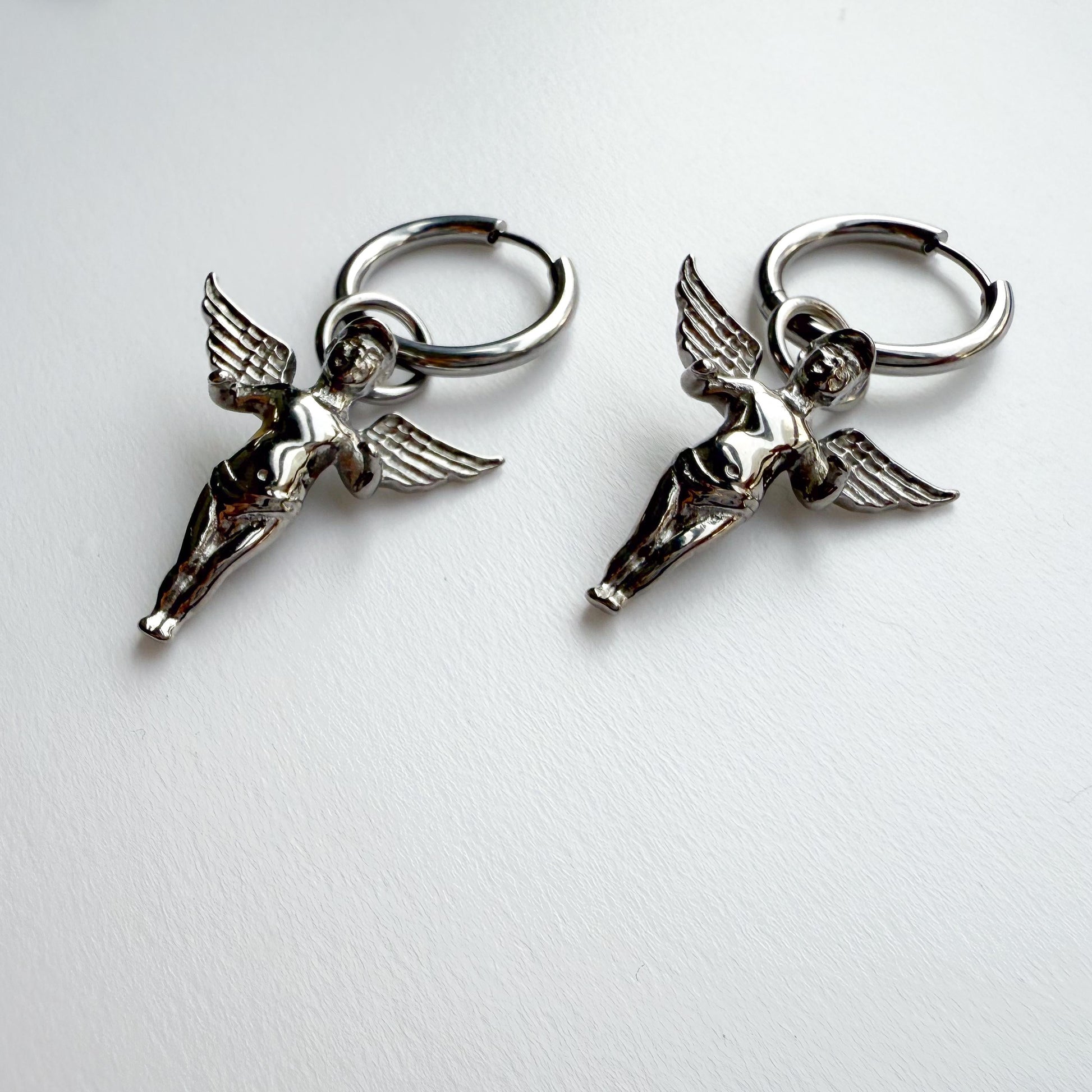 Stainless Steel Silver Hoop Dangle Earrings – Seraphim Angle Goth Statement Style