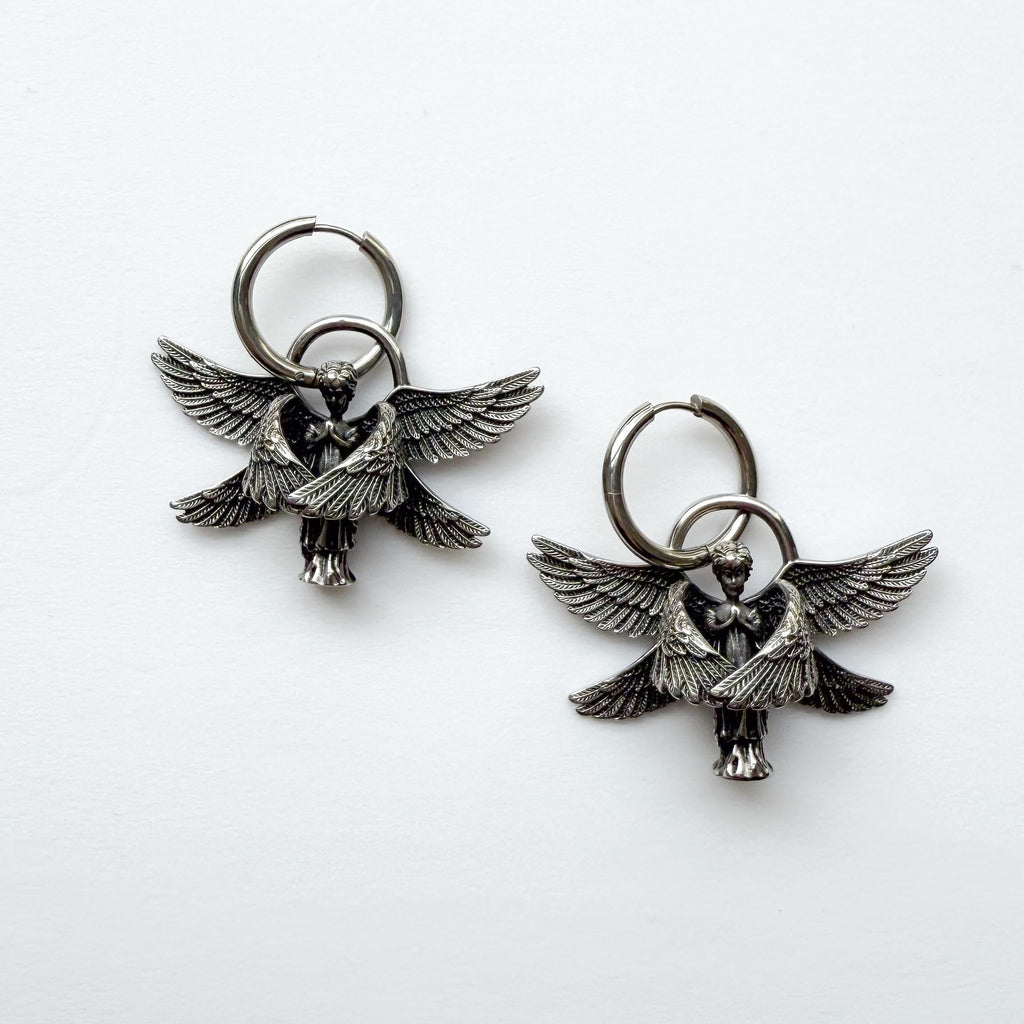 Stainless Steel Silver Hoop Dangle Earrings – Seraphim Angle Goth Statement Style