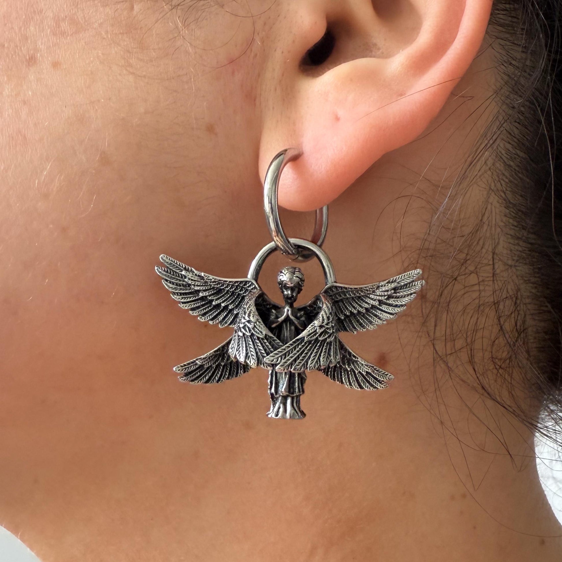 Stainless Steel Silver Hoop Dangle Earrings – Seraphim Angle Goth Statement Style