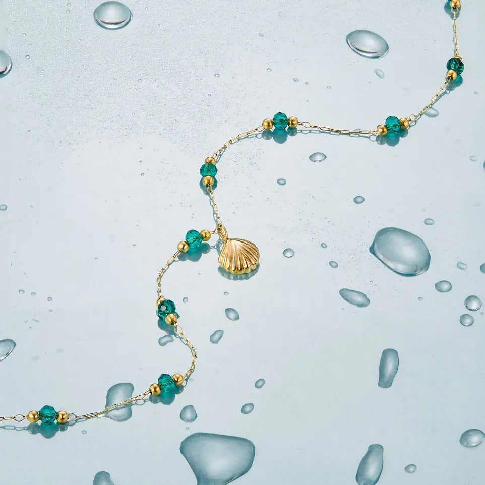 Collier - Nerissa - Gouden Schelp & Groen Agaat - Waterdicht en Aanslagvrij - Perfect voor Elke Gelegenheid