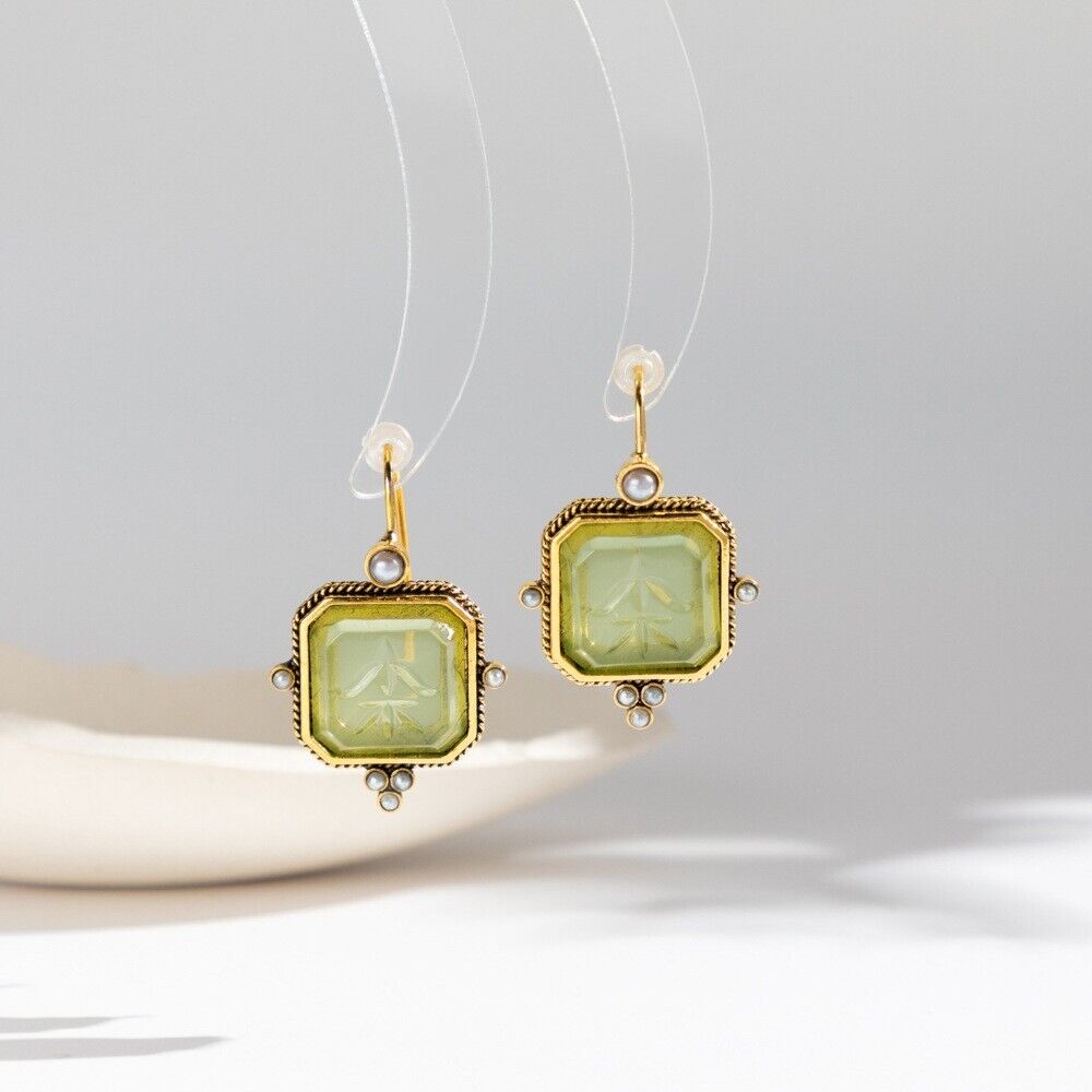Vintage Green & Pearl Earrings | 14k Plated Gold