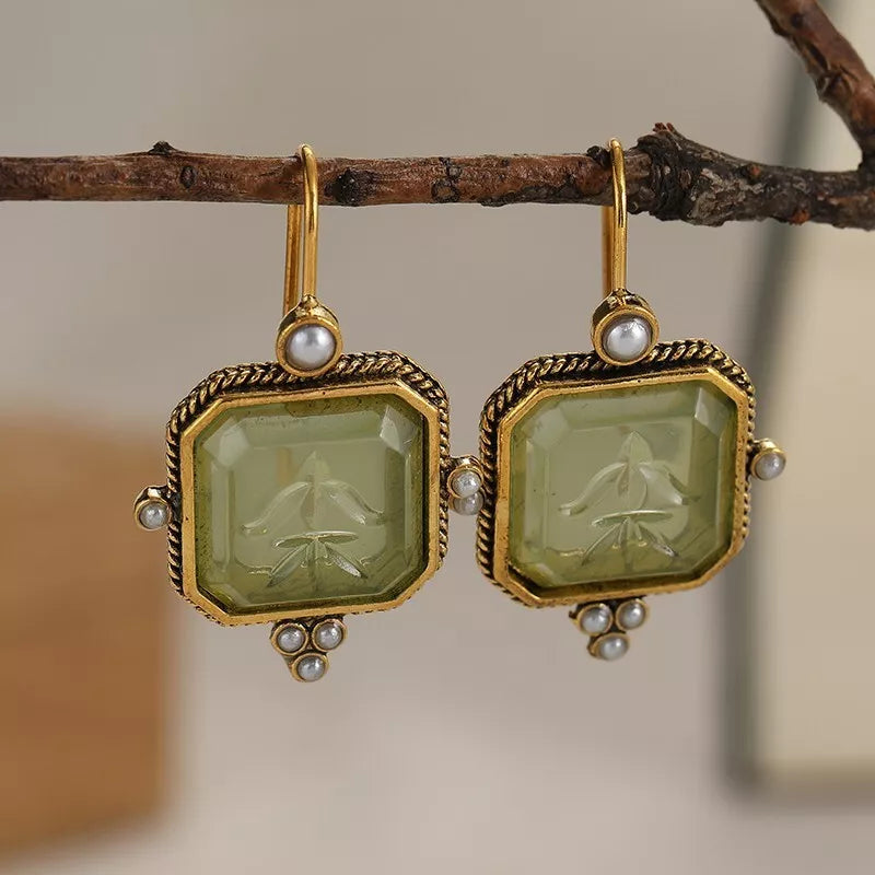 Vintage Green & Pearl Earrings | 14k Plated Gold