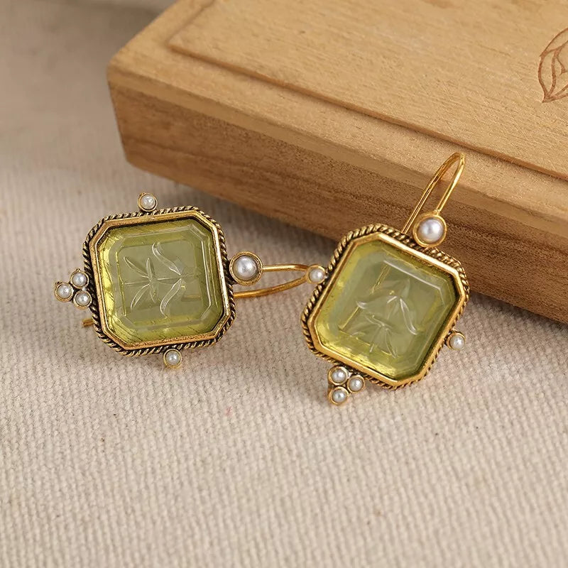 Vintage Green & Pearl Earrings | 14k Plated Gold